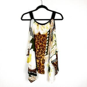 Chico’s Top Flowy Strappy Floral Animal Print Oversized Small White Yellow NWT